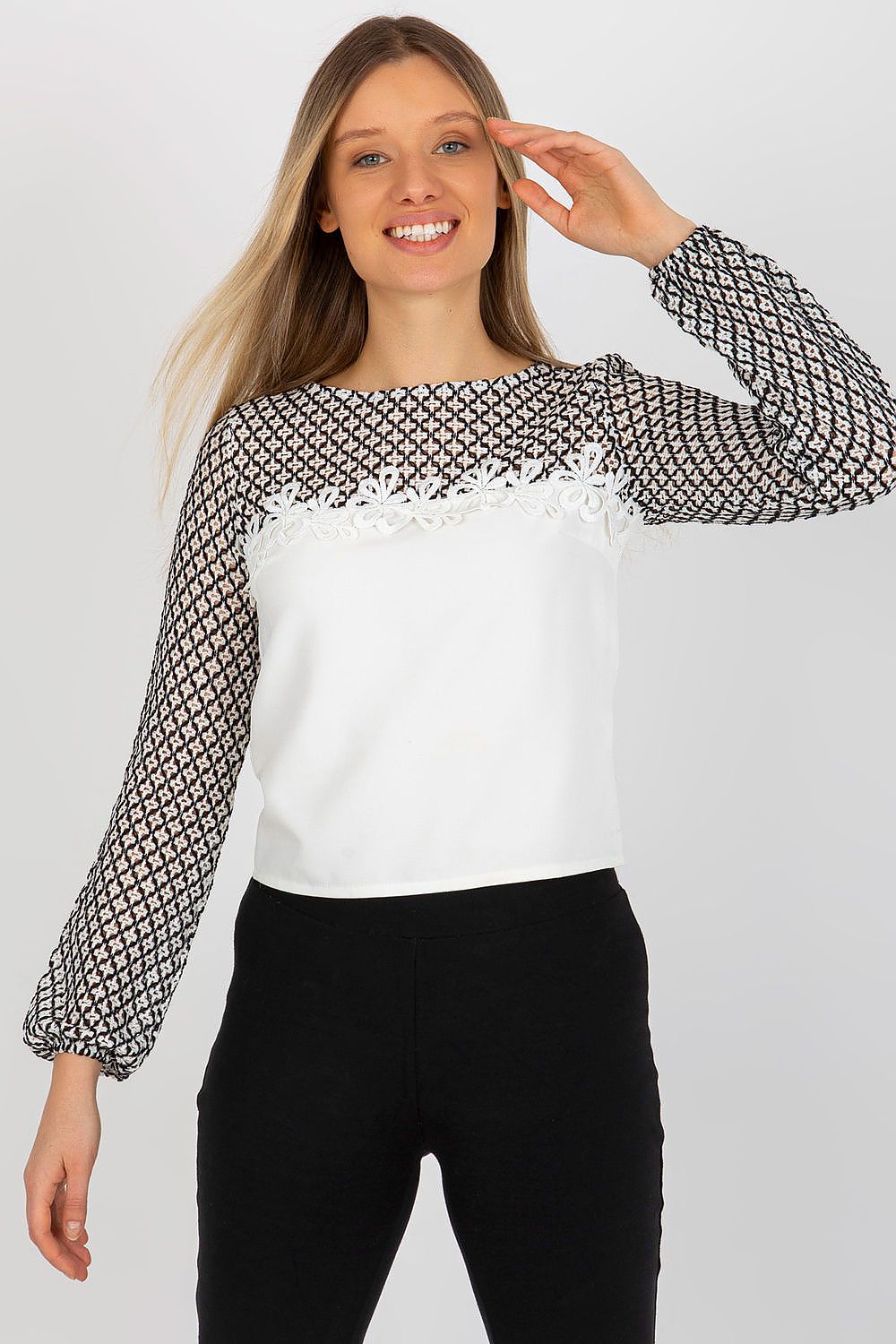 Sophisticated model showcasing elegant lace sleeve formal blouse by Lakerta, featuring a round neckline and exquisite detailing, perfect for any occasion.