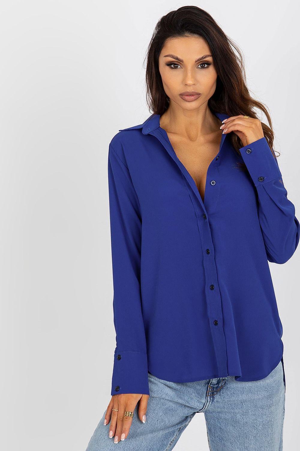 Chic Lakerta women's long sleeve button-down shirt in vibrant blue, offering a touch of luxury to casual attire.