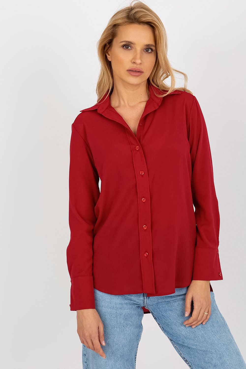 Luxurious Lakerta women's long sleeve button-down shirt in rich red, combining elegance with versatility for any occasion.