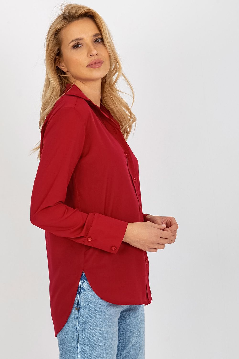 Elegantly styled women's long sleeve button-down shirt in rich red by Lakerta. Perfect for a chic and sophisticated look.