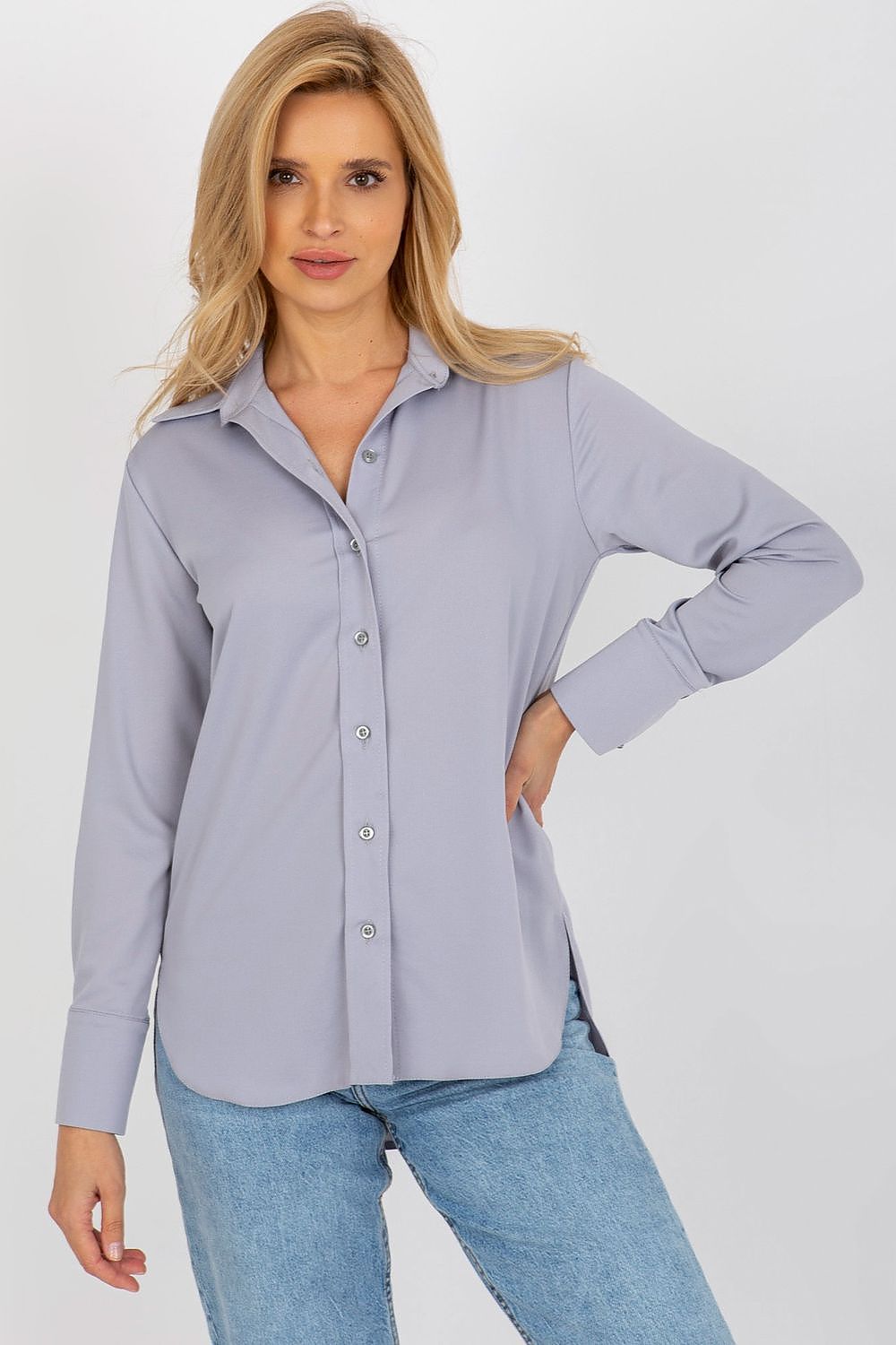 Sophisticated women's long sleeve button-down shirt in soft grey by Lakerta. Ideal for everyday elegance and versatile styling.