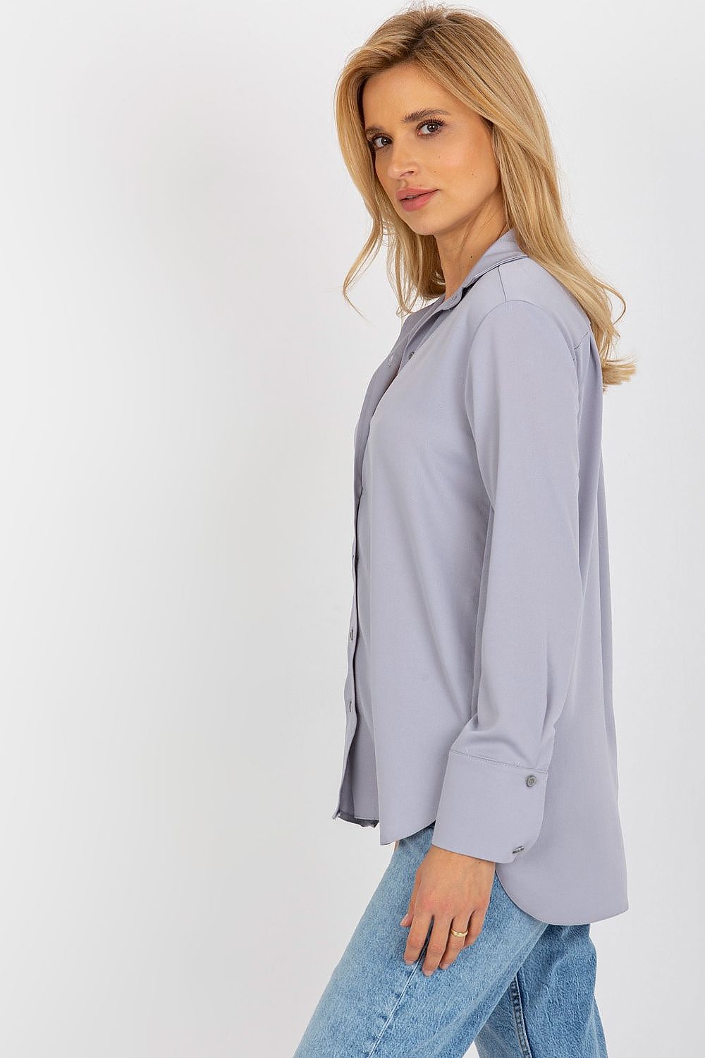 Refined women's long sleeve button-down shirt in a sleek grey tone by Lakerta, tailored for a timeless silhouette.