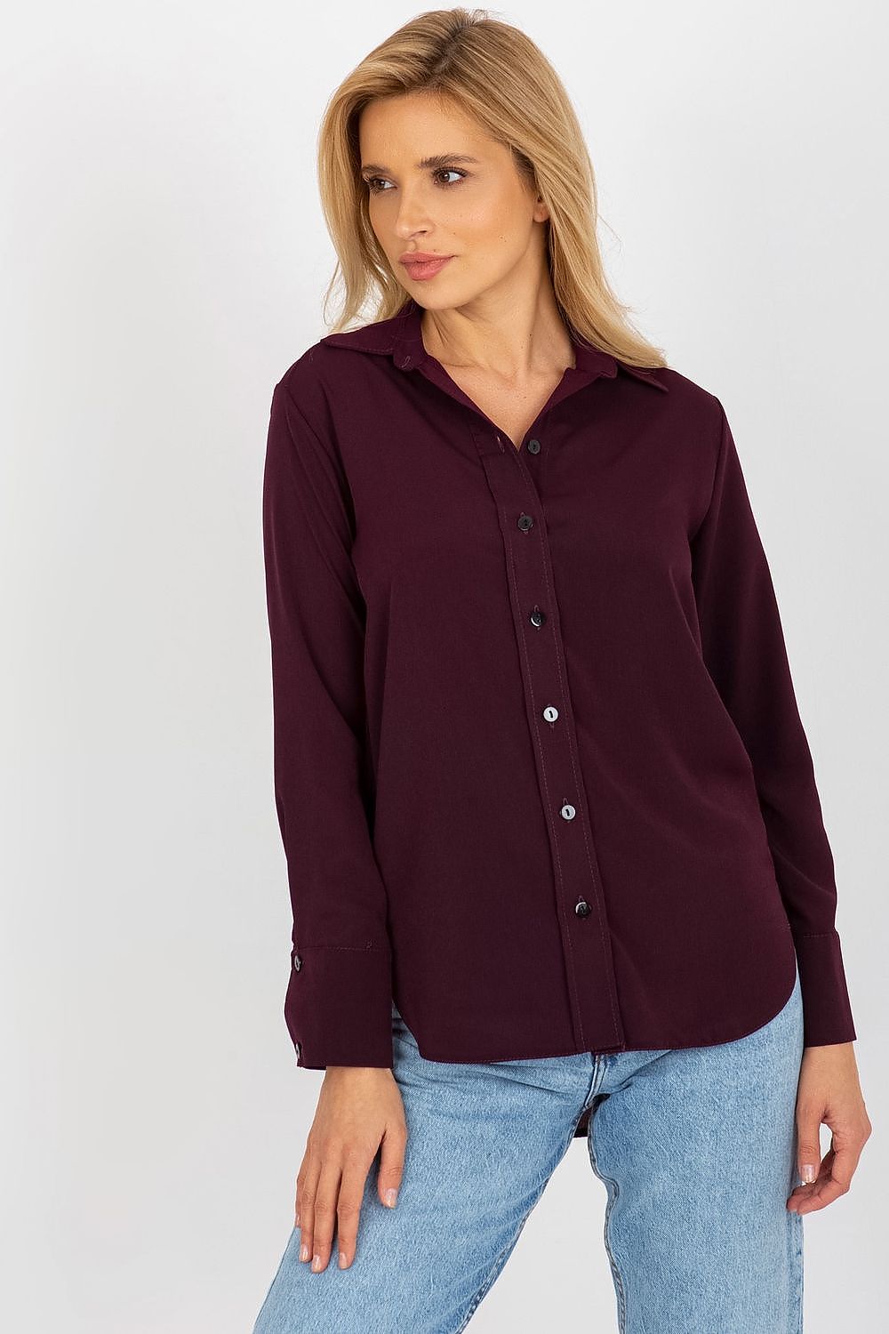 Stylish women's long sleeve button-down shirt in deep burgundy by Lakerta, exuding luxury and elegance in every detail.