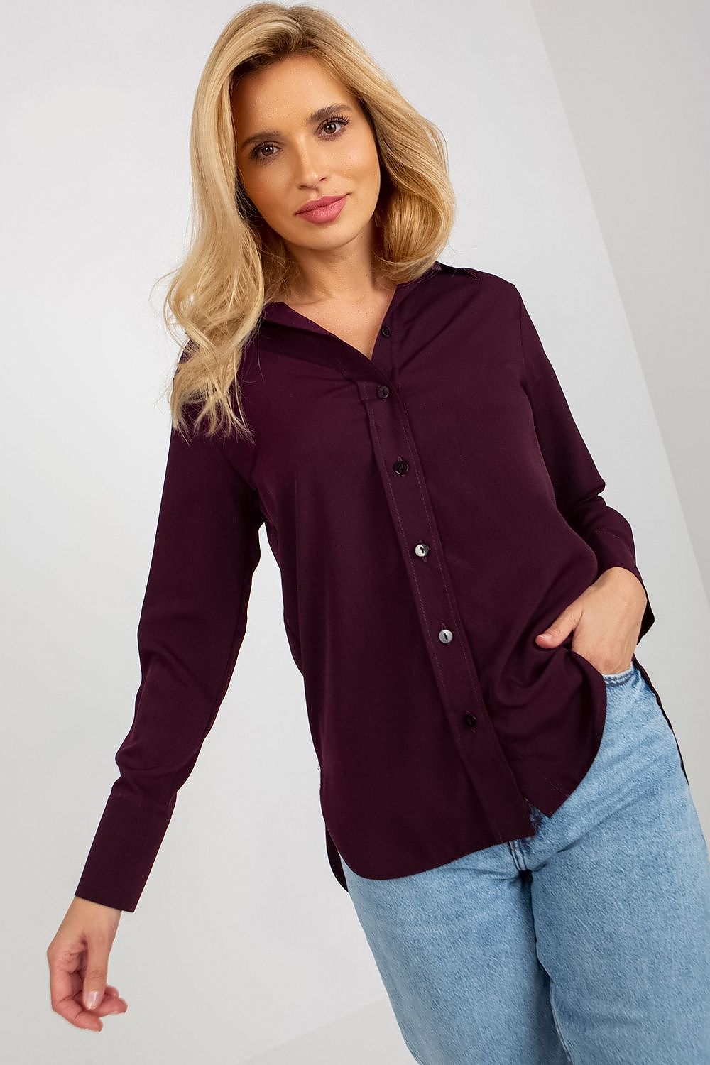 Elegantly styled Lakerta women's button-down shirt in rich burgundy, featuring long sleeves, perfect for sophisticated everyday wear.
