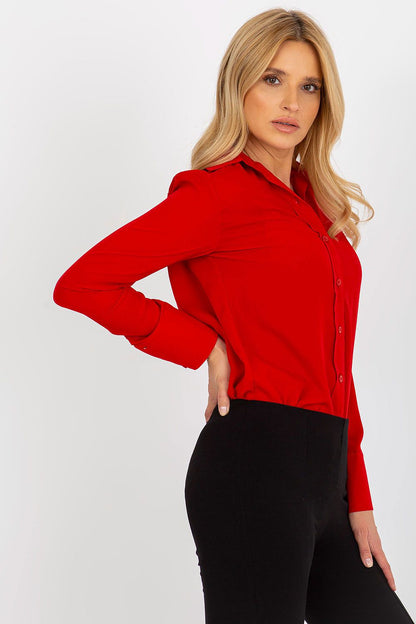 Lakerta Women's Long Sleeve Button-Down Shirt in vibrant red cotton blend, elegantly styled for everyday elegance, featuring tailored fit and chic long sleeves.