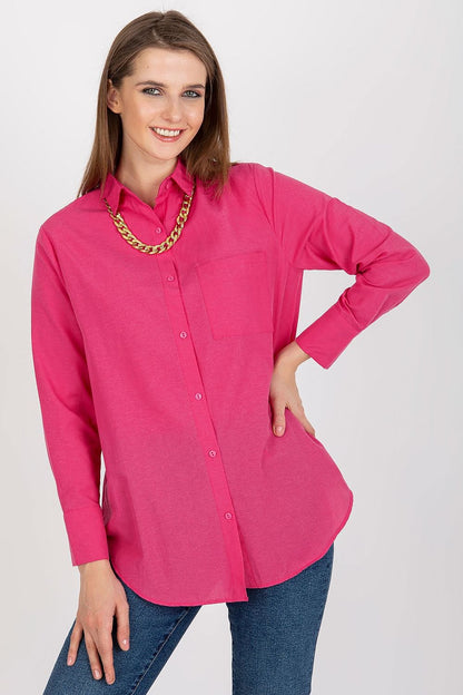 Luxurious women's long sleeve buttoned shirt in pink, featuring a relaxed fit and chic neckline, accented with a gold chain necklace, perfect for a stylish outfit from Factory Price.