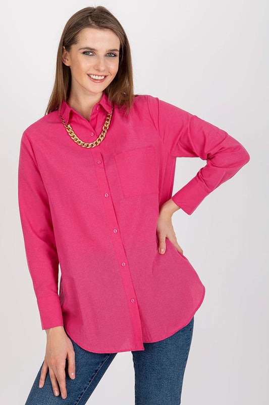 Luxurious women's long sleeve buttoned shirt in pink, featuring a relaxed fit and chic neckline, accented with a gold chain necklace, perfect for a stylish outfit from Factory Price.