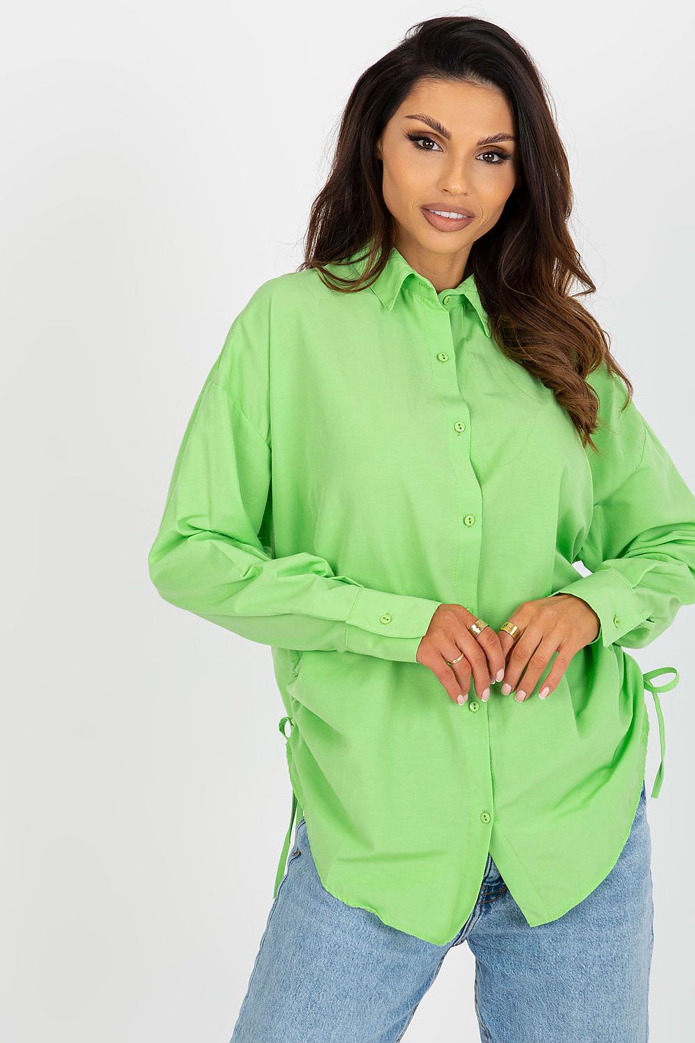 Luxurious women's long sleeve cotton-polyester blend shirt in vibrant green, featuring adjustable ties on the sides, elegantly styled by Factory Price.
