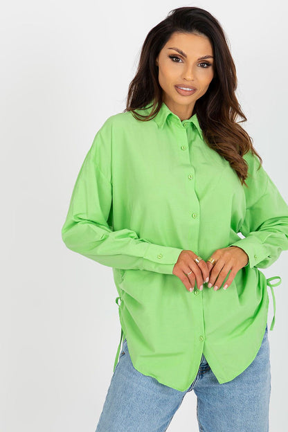 Luxurious women's long sleeve cotton-polyester blend shirt in vibrant green, featuring adjustable ties on the sides, elegantly styled by Factory Price.