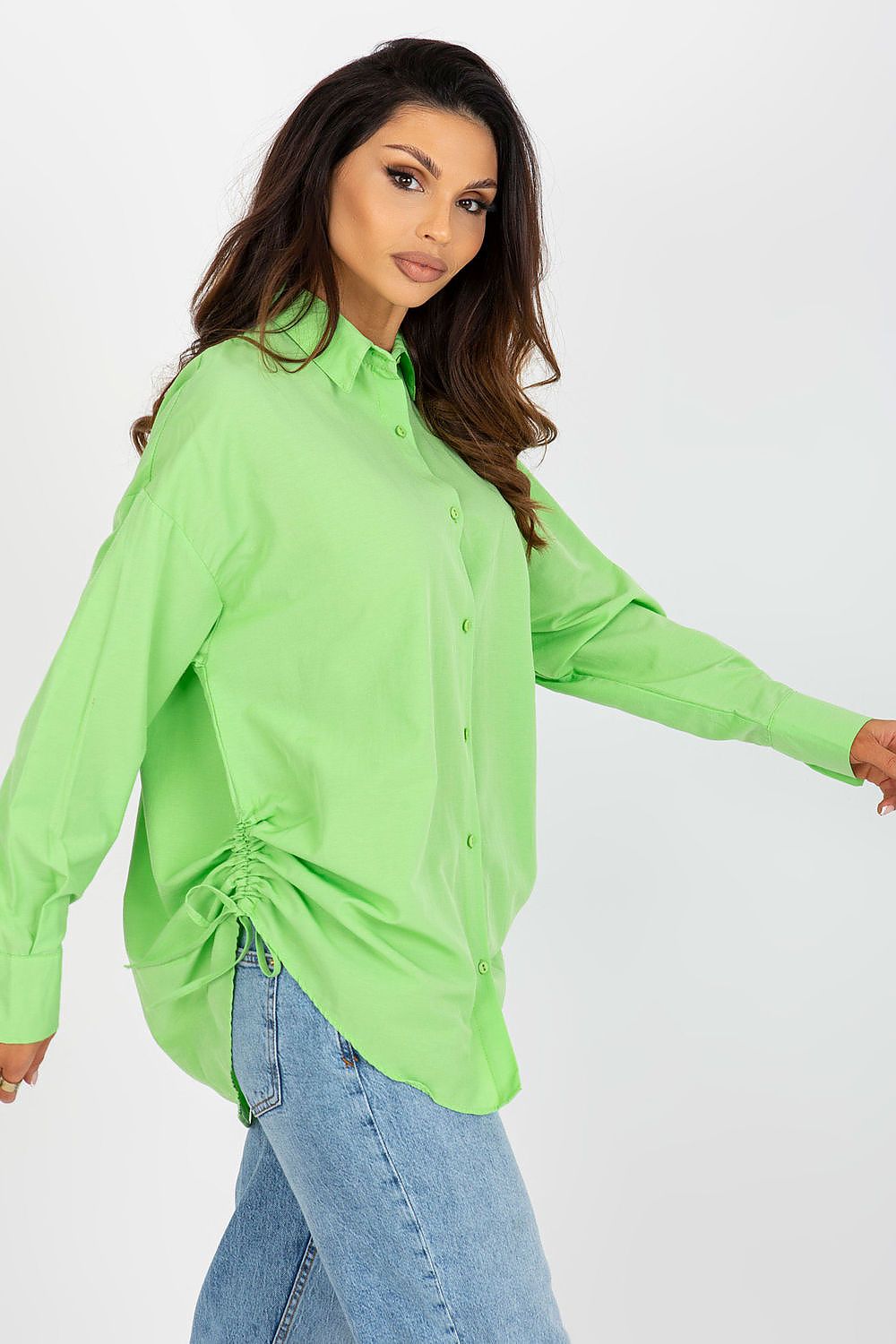 Chic women's long sleeve shirt in eye-catching green, designed with side ties for a stylish look, crafted by Factory Price.