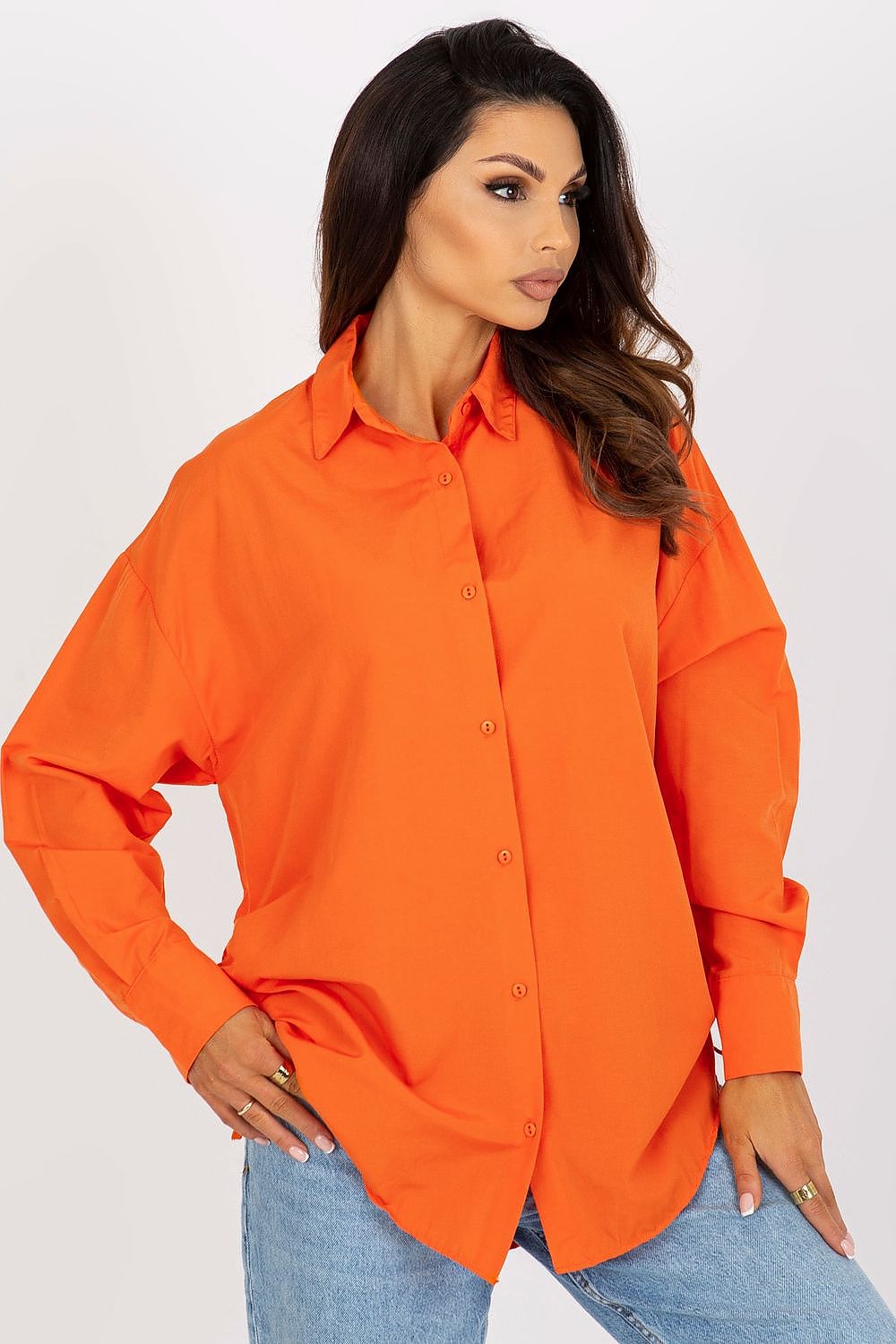 Fashionable long sleeve shirt in bold orange, showcasing a modern tailored fit with side ties, available from Factory Price.
