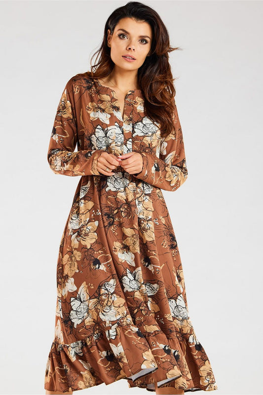 Luxury Awama floral midi dress featuring long sleeves and a distinctive neckline, elegantly paired with a flared frill hem, perfect for sophisticated everyday wear.