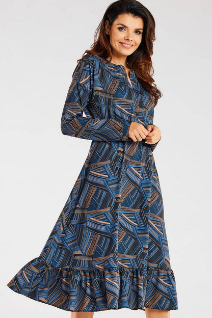 Elegant Midi Dress with long sleeves and flared frill hem by Awama, featuring distinct geometric patterns in blue and earthy tones, accentuating a sophisticated look for casual outings.