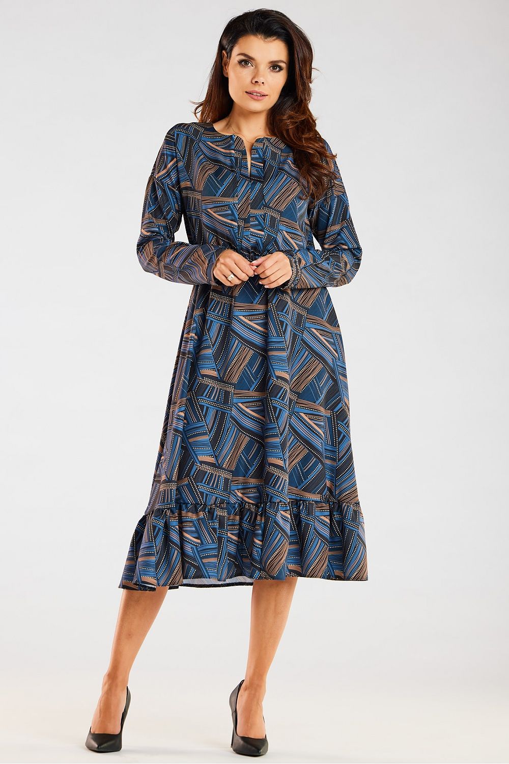 Stylish Midi Dress designed by Awama, shown in a side view with long sleeves, distinct neckline, and a flattering flared hem, perfect for elegant daytime wear.