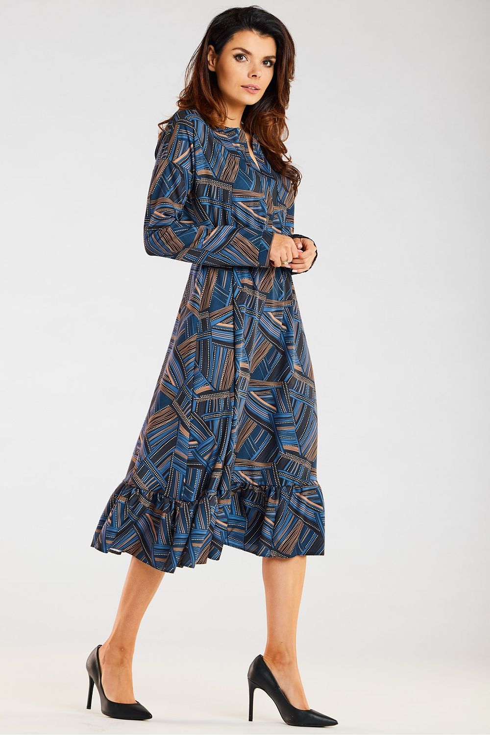 Radiant Midi Dress featuring a distinctive neckline and flared hem, showcased by Awama, highlighting a chic paisley-like design in blue hues, ideal for stylish everyday wear.