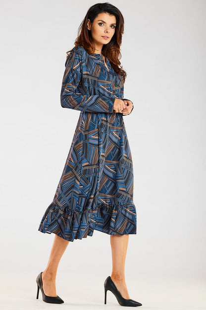 Radiant Midi Dress featuring a distinctive neckline and flared hem, showcased by Awama, highlighting a chic paisley-like design in blue hues, ideal for stylish everyday wear.