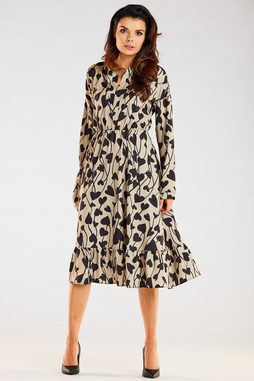 Sophisticated Midi Dress featuring a stylish heart motif, designed by Awama, captured in a full pose showcasing its elegant silhouette and flared hem, perfect for stylish occasions.