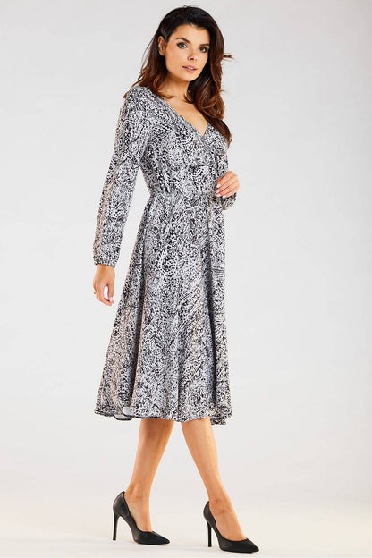 Stylish midi dress by awama with an envelope neckline, long sleeves, and a flattering elastic waistband, ideal for chic evening outings.
