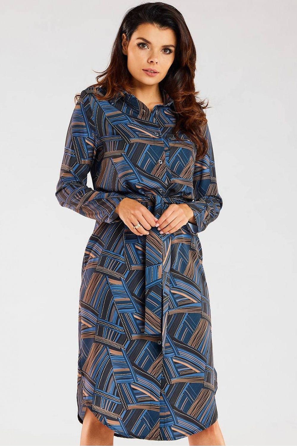 Elegant long sleeve dress with waist belt by Awama, featuring a stylish geometric pattern in blue and beige, perfect for chic daytime outings.