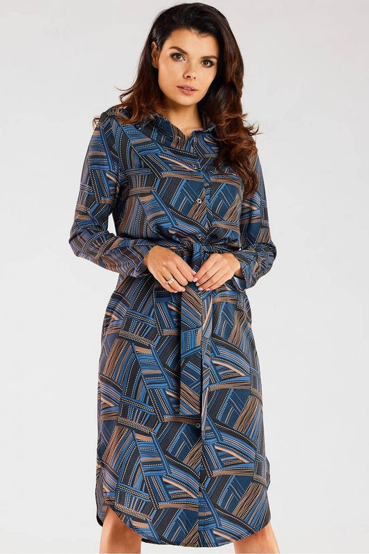 Elegant long sleeve dress with waist belt by Awama, featuring a stylish geometric pattern in blue and beige, perfect for chic daytime outings.