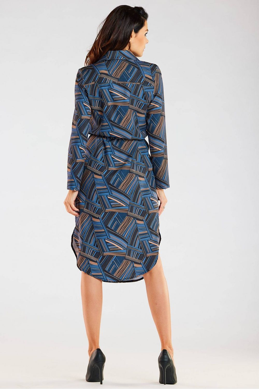 Back view of a luxurious long sleeve dress by Awama, displaying a beautiful pattern and tailored silhouette, perfect for elevating casual elegance.