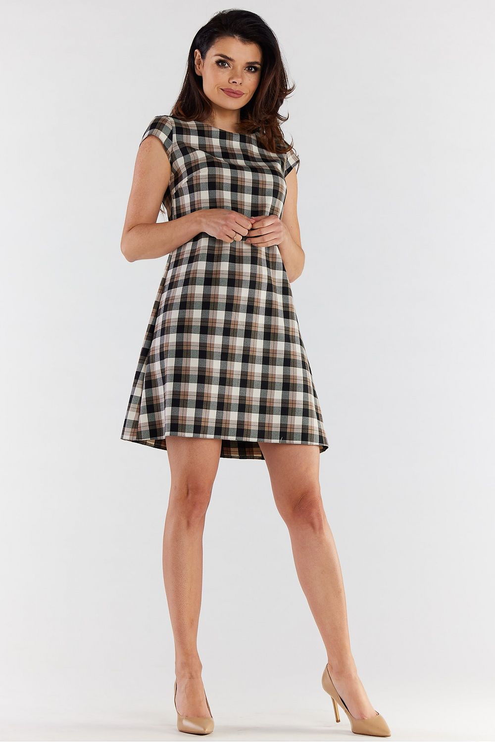 Elegant checkered mini dress with short sleeves, designed by Awama, featuring a loose trapezoidal cut that flatters various body shapes.