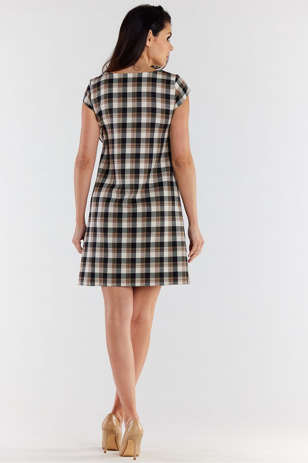 Back view of an elegant checkered mini dress with short sleeves by Awama, showcasing its stylish and versatile design.