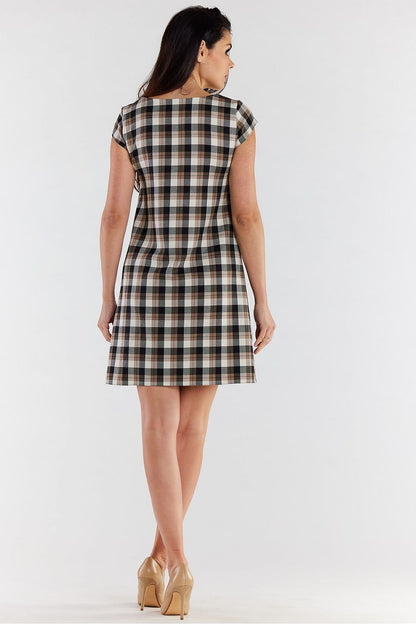 Back view of an elegant checkered mini dress with short sleeves by Awama, showcasing its stylish and versatile design.