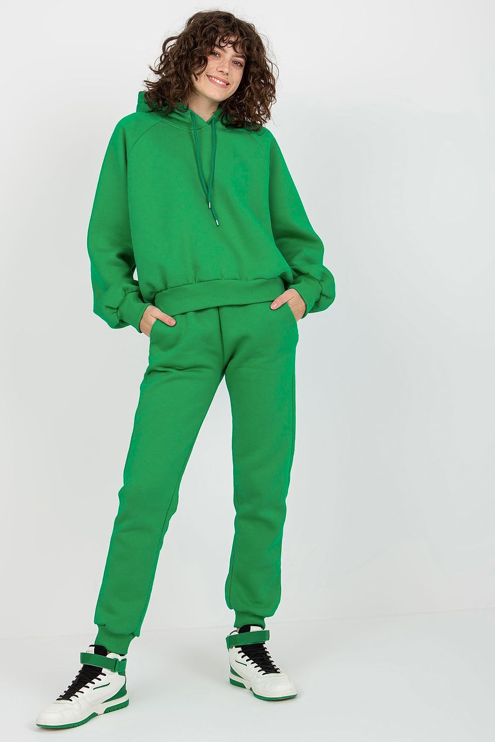 Ex Moda premium green cotton-blend sweatshirt set featuring a stylish hoodie and long pants, perfect for casual chic ensembles.
