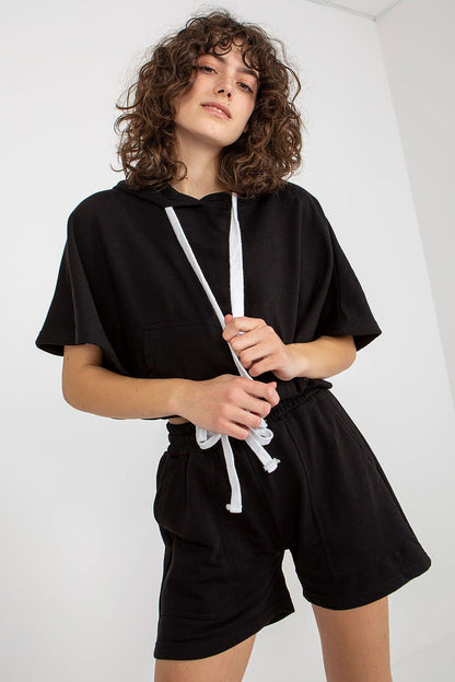 Elegant black cotton blend tracksuit set by Ex Moda, consisting of a cropped hoodie with short sleeves and tie waist shorts, ideal for a chic look.