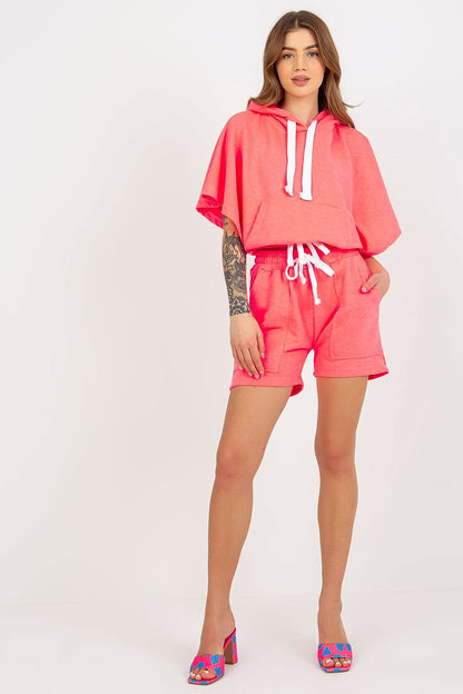 Dazzling front view of the Luxury Ex Moda Tracksuit Set in bright pink, featuring a chic hooded blouse and matching shorts, perfect for a trendy casual outfit.