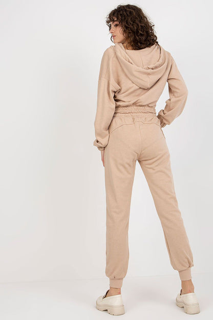 Ex Moda luxury beige sweatshirt set, highlighting the back view of a stylish hooded top and fitted trousers, perfect for relaxed yet refined wear.