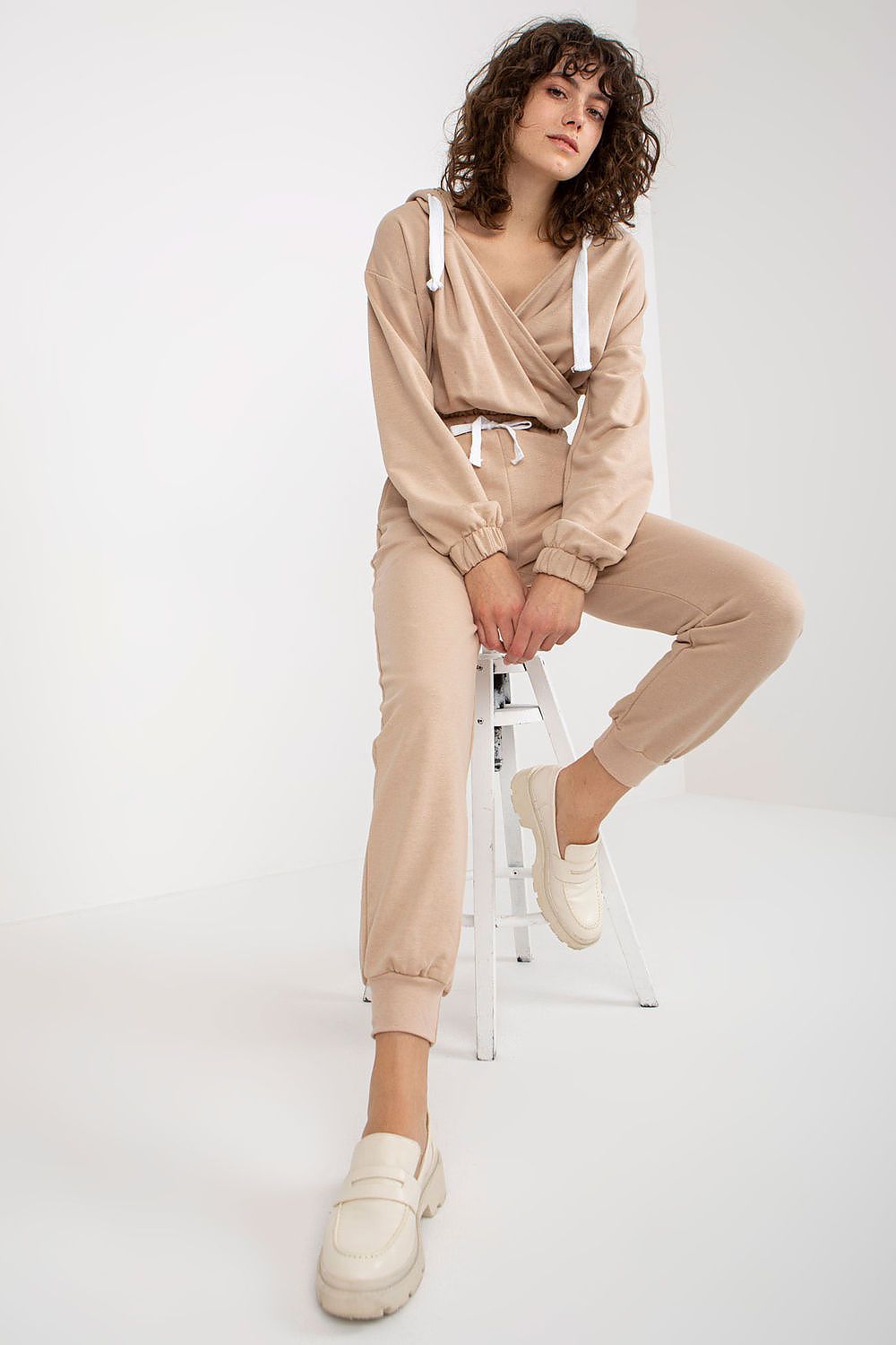 Ex Moda luxury cotton blend sweatshirt set, featuring a stylish beige wrap sweatshirt with hood and matching tie waist pants, designed for comfort and elegance.