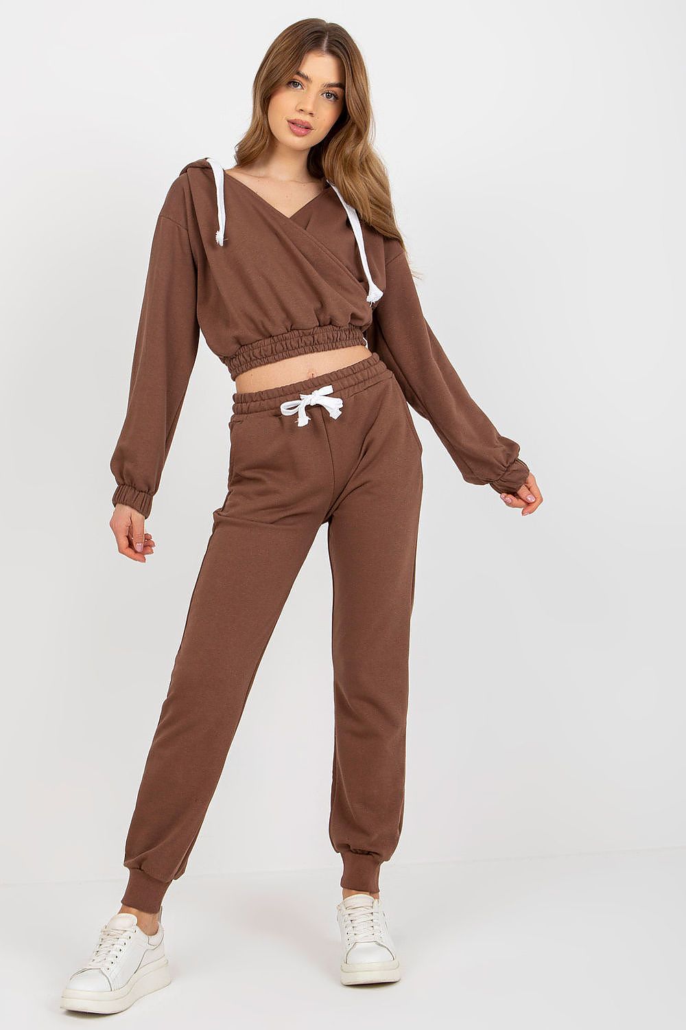 Ex Moda luxury sweatshirt set in rich brown, showcasing a cropped wrap hoodie with tie detail and coordinating pants, ideal for chic casual wear.