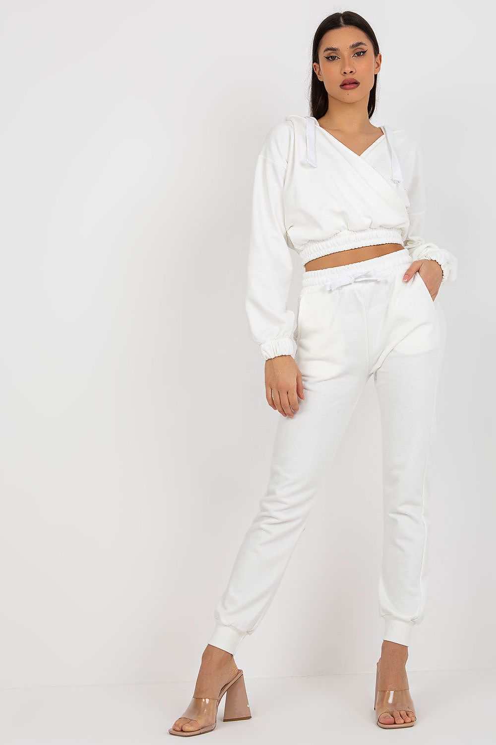Ex Moda luxury cotton blend sweatshirt set in pristine white, elegantly designed with a hood and stylish tie-waist pants, perfect for sophisticated comfort.