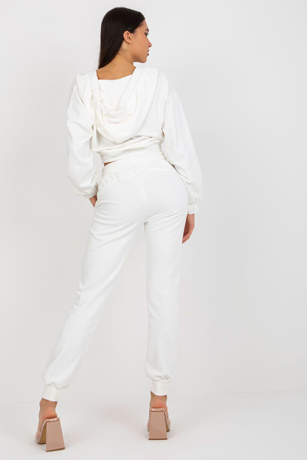 Ex Moda elegant white cotton blend sweatshirt set, with stylish details including a hood and chic tie-waist pants, ideal for a luxurious yet relaxed look.