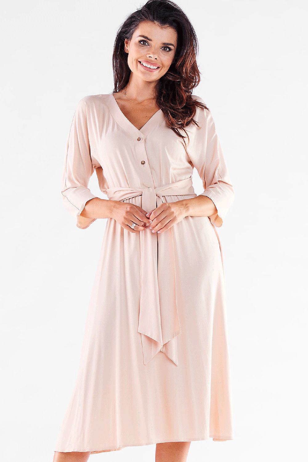Graceful light pink midi dress by Awama with a V-neckline and button details, elegantly belted at the waist, perfect for every stylish event.