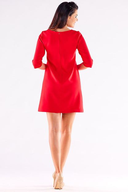 Back view of a chic red mini daydress with 3/4 sleeves by awama, featuring a covered zipper closure for a refined finish.