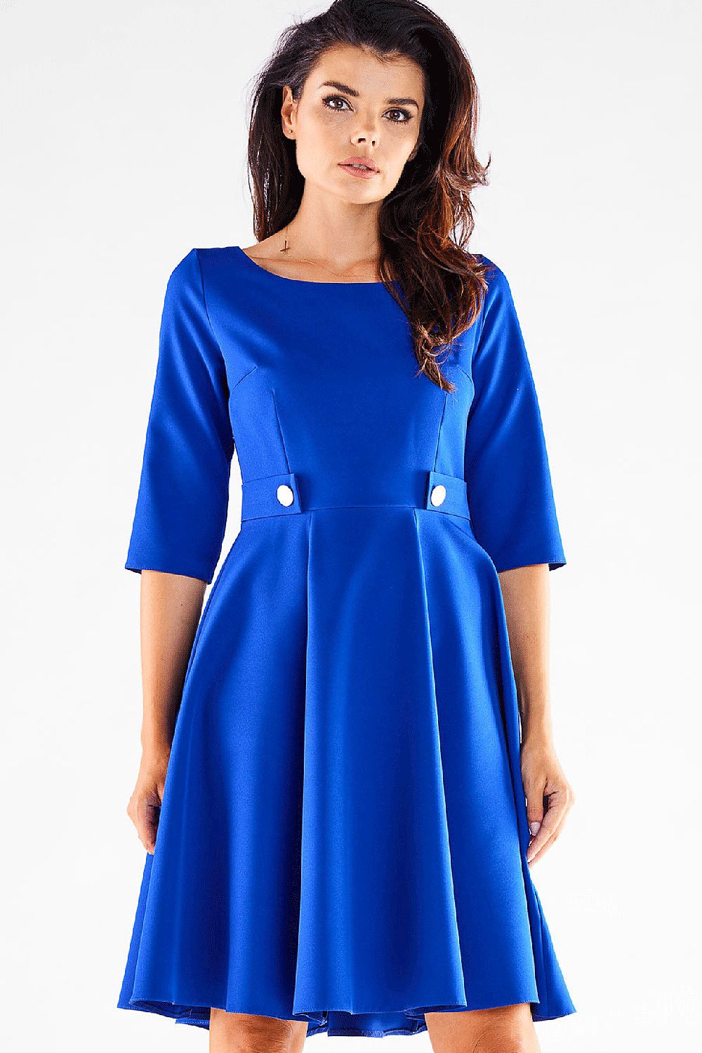 Luxurious royal blue Awama daydress featuring a chic design with decorative buttons and a graceful silhouette.