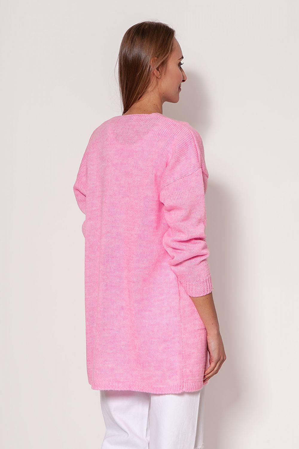 Rear view of a stylish pink melange knit cardigan by MKM, highlighting its minimalist design, perfect for sophisticated layering in any wardrobe.
