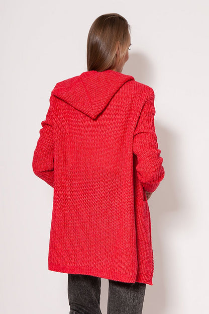 Back view of the MKM luxurious soft cardigan coat in bright red, featuring a stylish hood and a seamless minimalist cut, presented by a model demonstrating its elegant fit.
