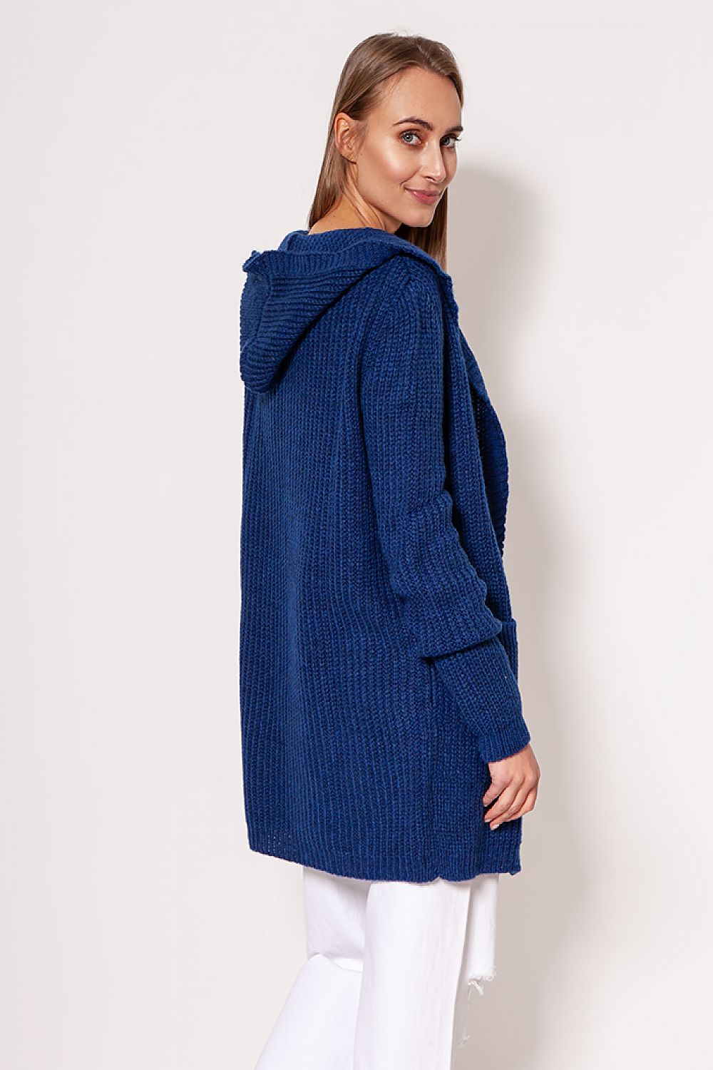 Back view of MKM luxurious soft cardigan coat in deep blue, emphasizing the refined minimalist design and comfortable fit, styled effortlessly.