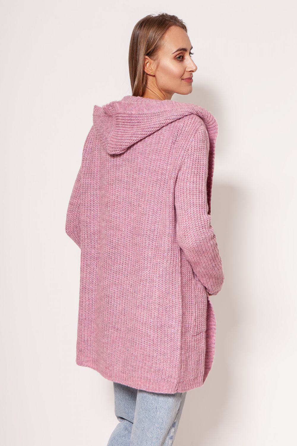 Back view of a luxurious MKM cardigan coat in soft pink, featuring a minimalist design with a hood and hip pockets, perfect for stylish layering.