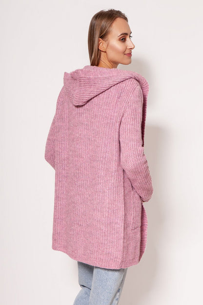 Back view of a luxurious MKM cardigan coat in soft pink, featuring a minimalist design with a hood and hip pockets, perfect for stylish layering.