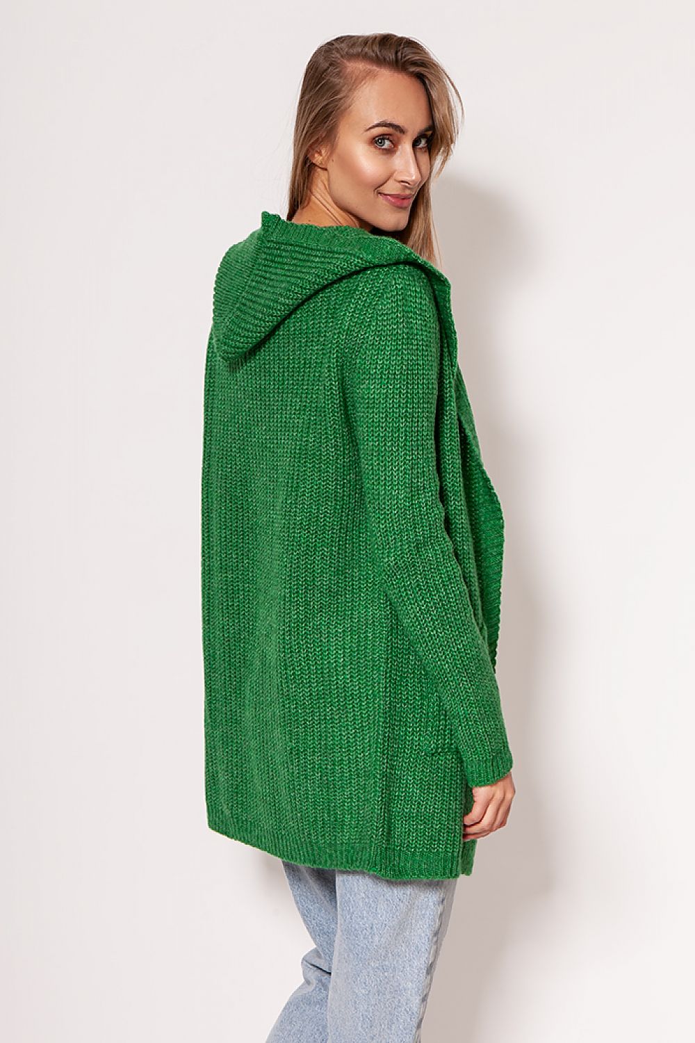 Back view of a stylish MKM cardigan coat in bold green, featuring a hood and hip pockets, exemplifying sophistication in minimalist fashion.