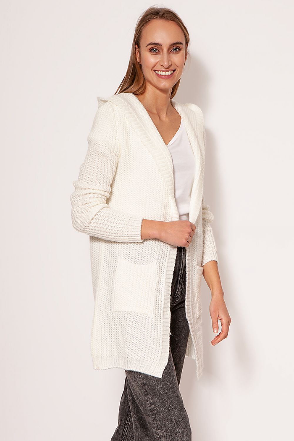 Front view of an exquisite MKM white cardigan coat, designed with a chic hood and practical hip pockets, perfect for luxury layering.
