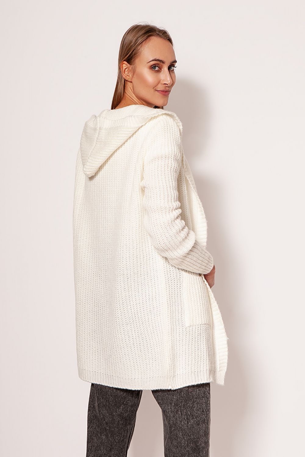 Back view of a sophisticated MKM white cardigan coat with a hood, showcasing a minimalist design, ideal for elegant layering.