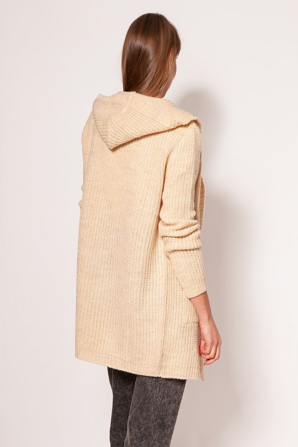 Back view of the MKM luxurious soft cardigan coat showcasing its elegant minimalist design and hood, highlighting its premium knit texture and relaxed silhouette.
