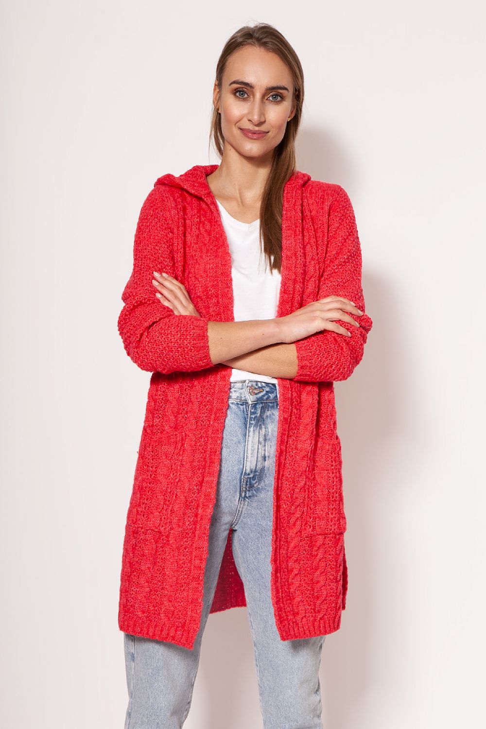 Elegant MKM Soft Cardigan Coat in vibrant red, featuring a minimalist design with dropped shoulders and cozy hip pockets, showcased on a stylish model.