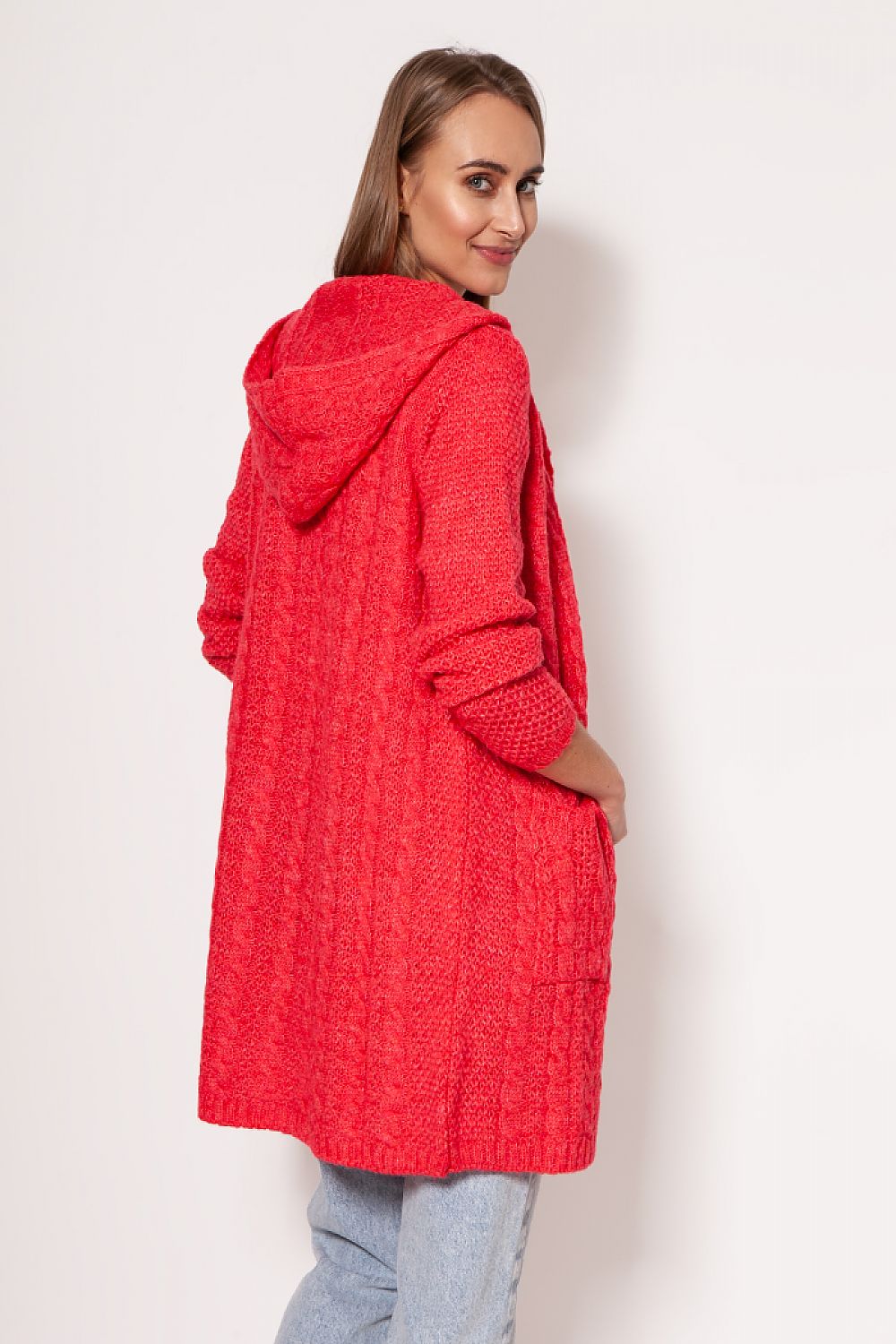Sophisticated MKM Soft Cardigan Coat in stunning red, highlighting the back view with a hood, perfect for a chic, contemporary look.
